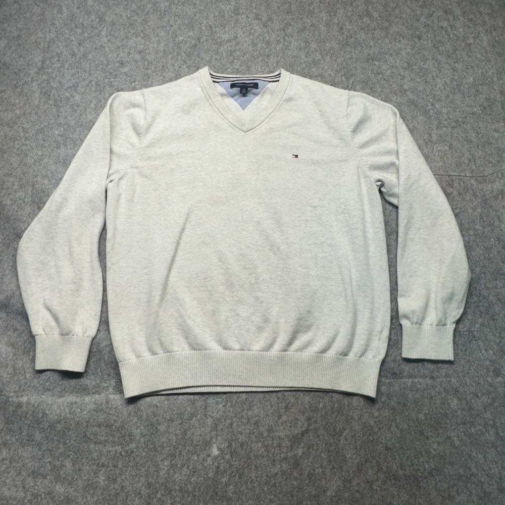 Tommy Hilfiger Men's XL V-Neck Sweater Grey Preppy Classic British Style Cotton